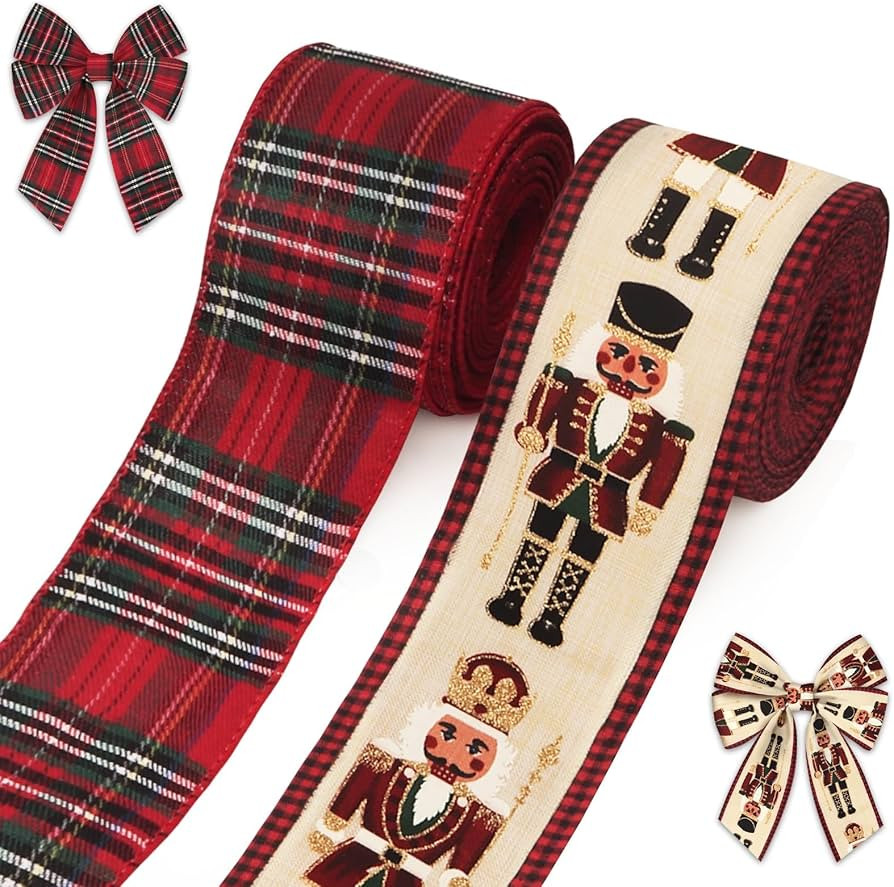 2 Rolls Christmas Ribbons for Crafting, 2.5" ×10 Yards Xmas Wired Edge Ribbon Red Buffalo Plaid ... | Amazon (US)