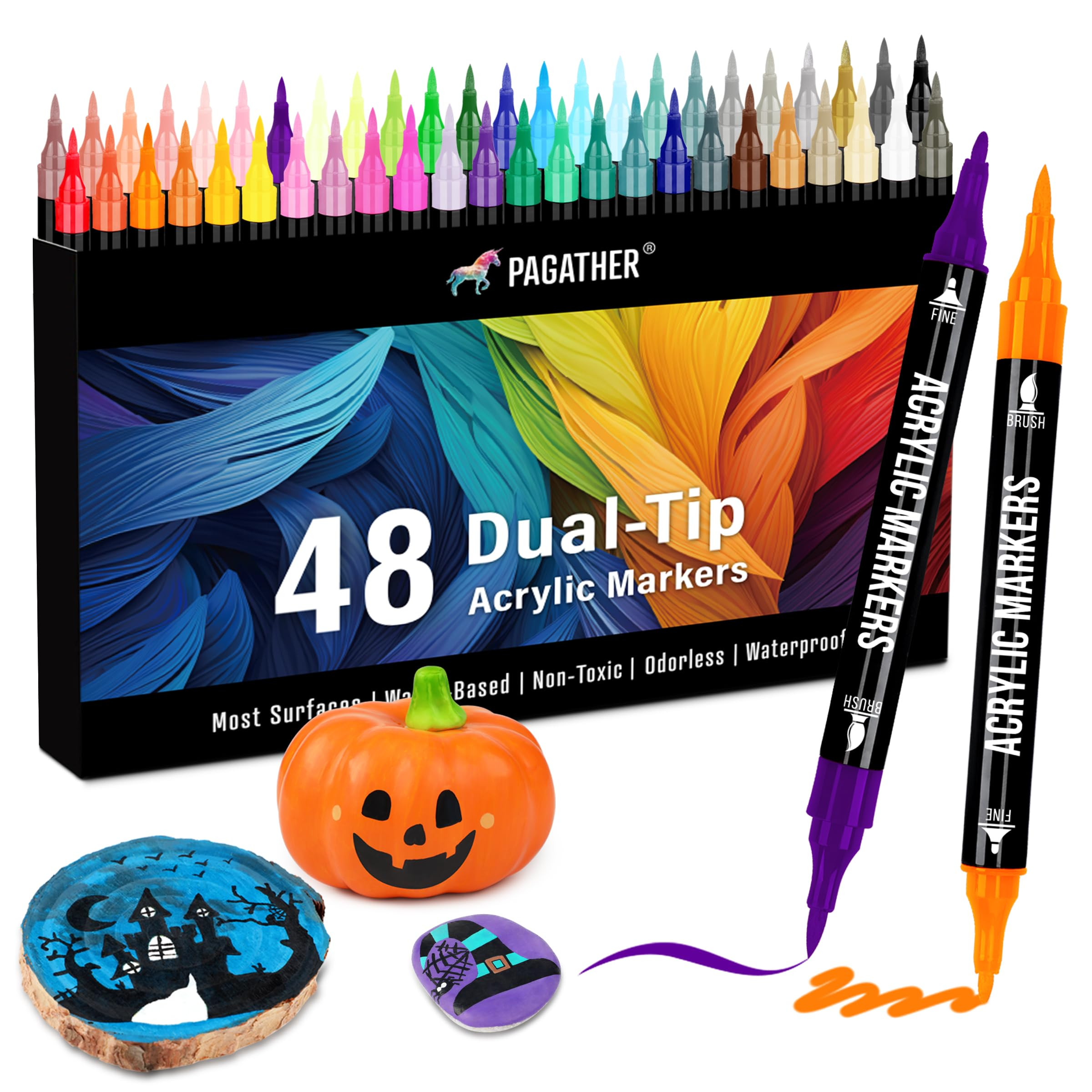 48 Colors Acrylic Paint Markers, Dual Tip with Fine Tip and Brush Tip Pens for Stone, Wood, Calli... | Amazon (US)