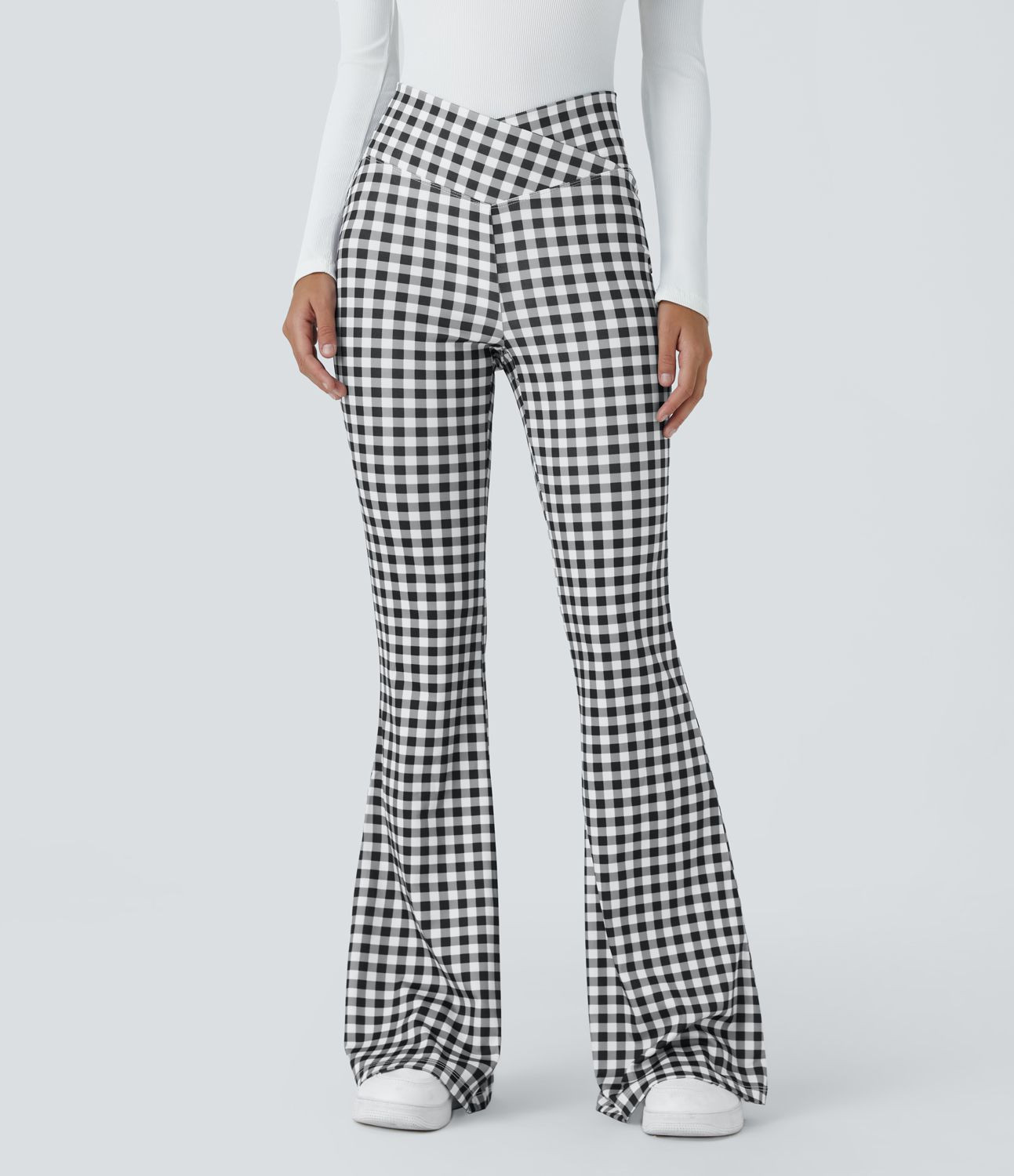 Women’s High Waisted Crossover Vintage Plaid Casual Super Flare Pants - Halara | HALARA