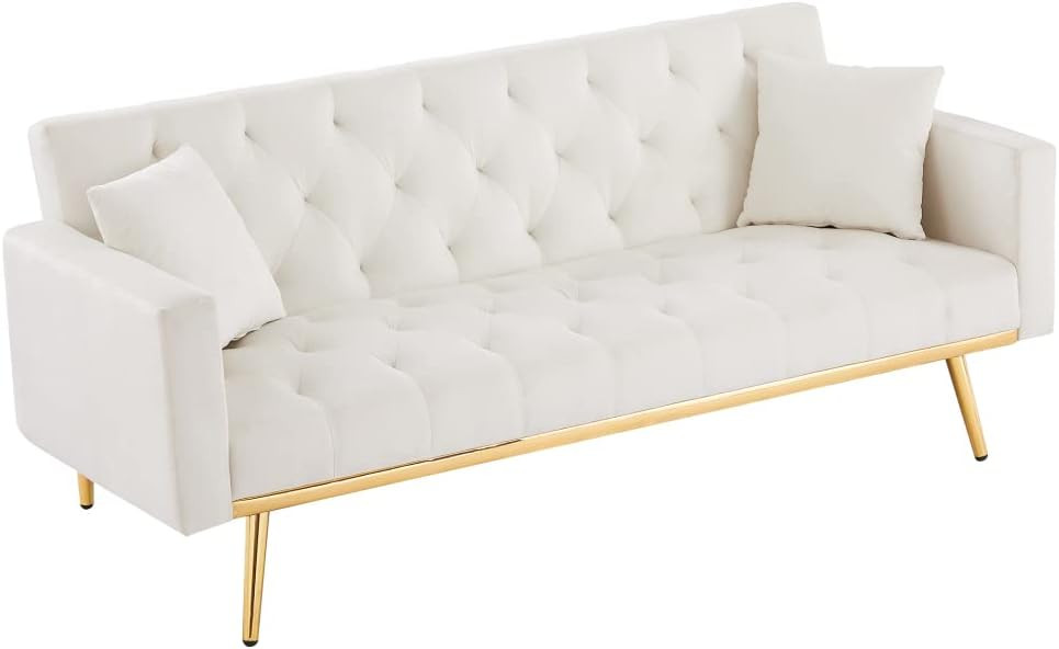 Velvet Futon Sofa 3 Seater/Plus-Loveseat Sleeper Sofa,Button Tufted with 2 Pillows and Gold Metal... | Amazon (US)