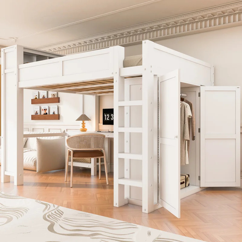 Wood Queen Size Loft Bed, Built-In Desk And Wardrobe, Storage Headboard With Charging Station, Mo... | Wayfair North America