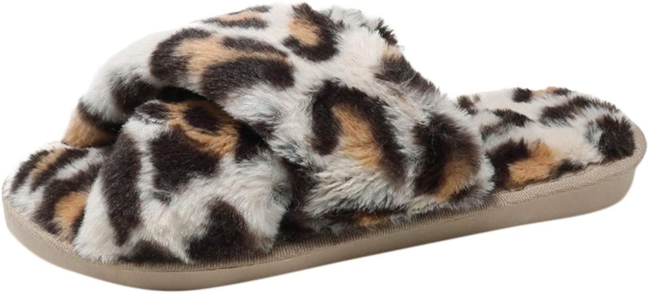 Women's House Slippers Leopard Plush Soft Slippers Indoor Outdoor Rubber Sole Shower Sandal | Amazon (US)