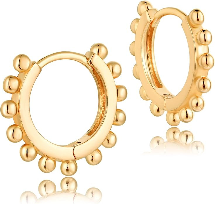 Fettero Women Gold Huggie Hoop Earrings 14K Gold Plated Small Hoop Earrings Beaded Hoop Earrings ... | Amazon (US)