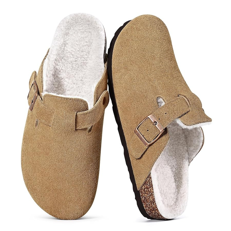 KIDMI Women's Fur Lined Suede Clogs Fuzzy Cork Footbed Mules Slip On Winter Potato Shoes | Amazon (US)