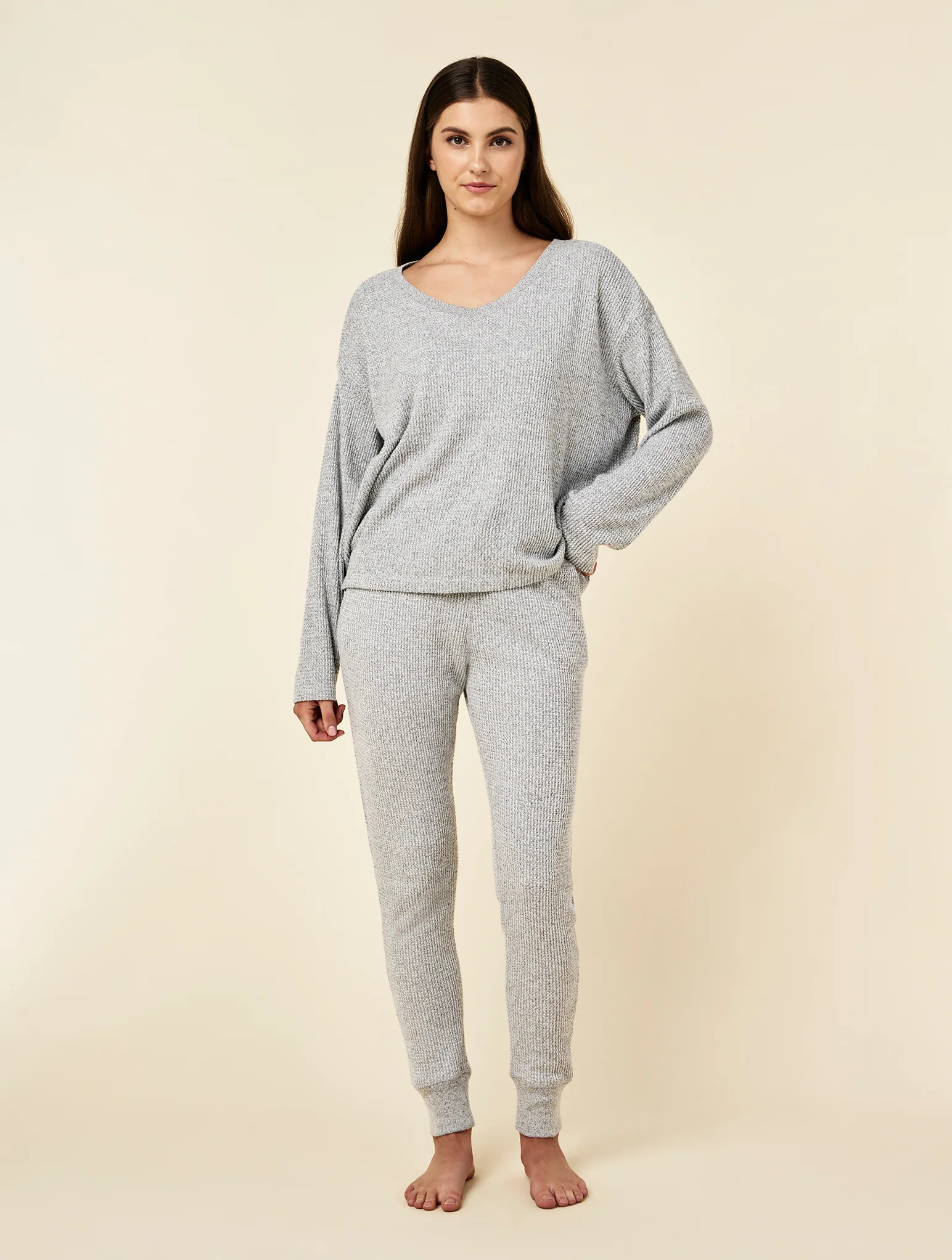 Super Soft Waffle V-Neck Long Sleeve Top & Jogger Set | Papinelle Sleepwear US