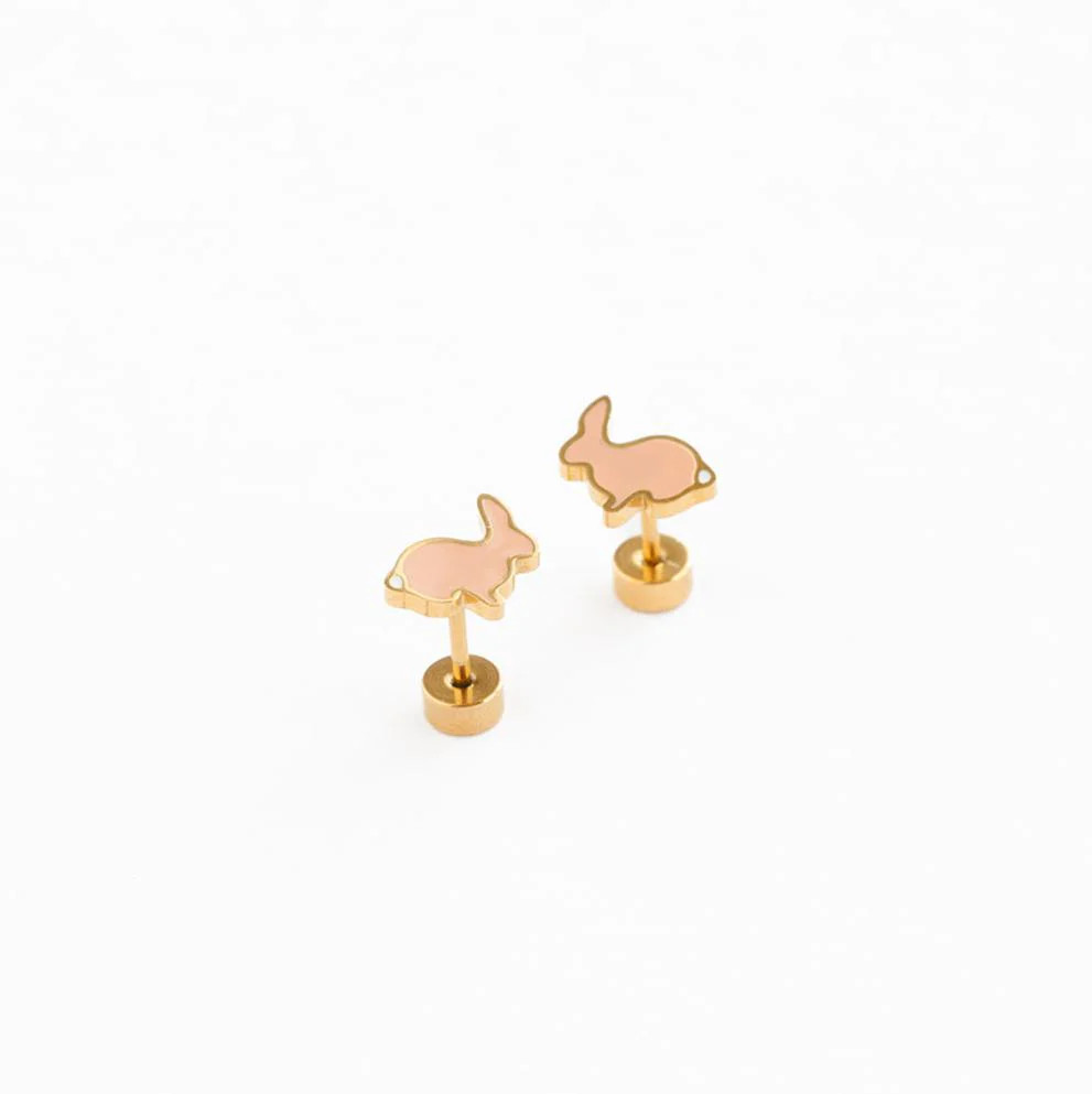 Hypoallergenic gold Bunny girls flat screw back Stud Earrings kids girls enamel | Pip Pop Post