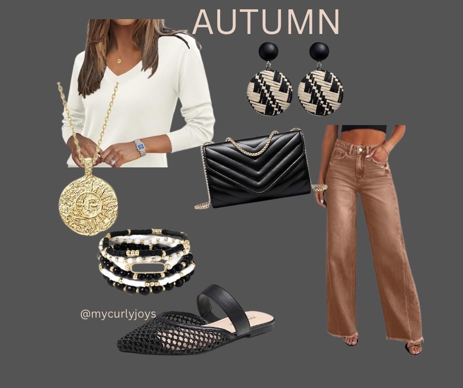 Autumn outfit • neutral style • chic fall fashion • cozy sweater • black and gold accessories • fall jewelry • brown pants outfit • fall flats • effortless fall style • LTK fall fashion • shop my look
