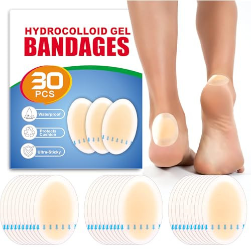 Hydrocolloid Blister Bandages – 30 Count Oval Blister Pads for Feet, Toes & Heels – Thick Cushioned, Waterproof, Long-Lasting Protection Against Friction (Heel, One Size) | Amazon (US)