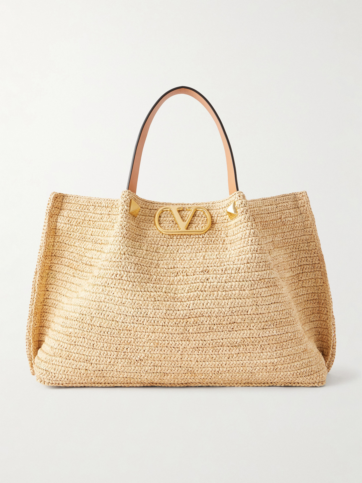 Valentino Garavani - Vlogo Studded Leather-trimmed Woven Raffia Tote - Neutrals | NET-A-PORTER (US)