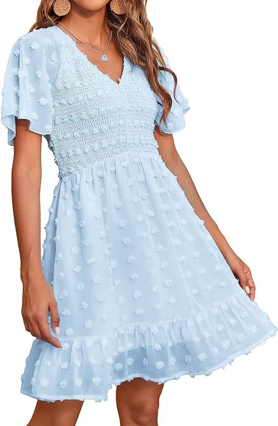 BTFBM Women's V Neck Smocked Short Sleeve Casual Dress Swiss Dot Swing Flowy Ruffle Hem Mini Beac... | Amazon (US)