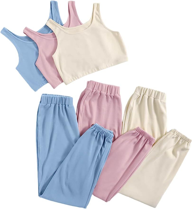 SheIn Women's 3 Sets Sleepwear Crop Tank and Elastic Waist Lounge Pants Pajama Set | Amazon (US)