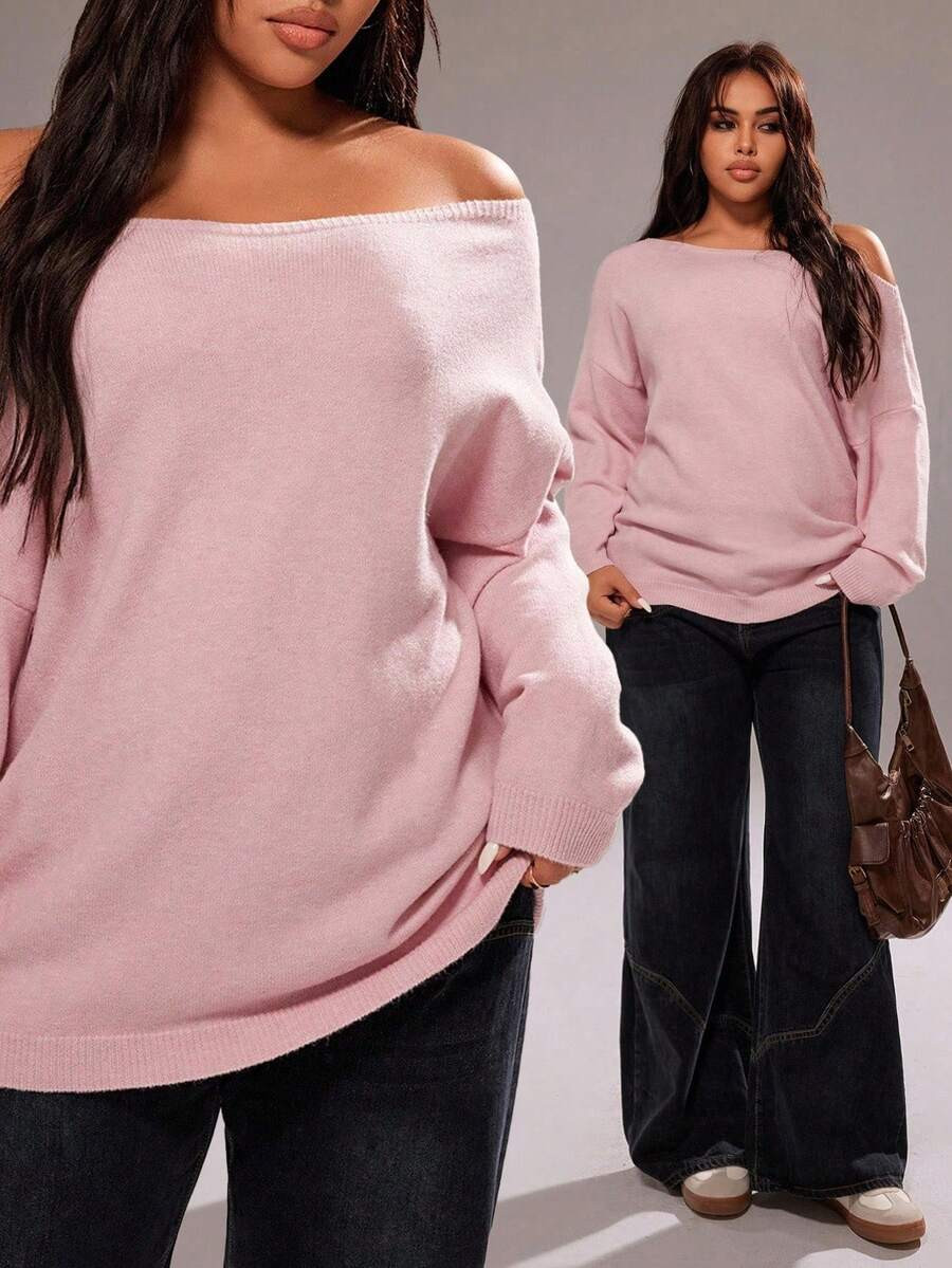 Rustia Plus Size Solid Color Pink Sexy Simple Asymmetric Batwing Sleeve Pullover Sweater Fall Win... | SHEIN