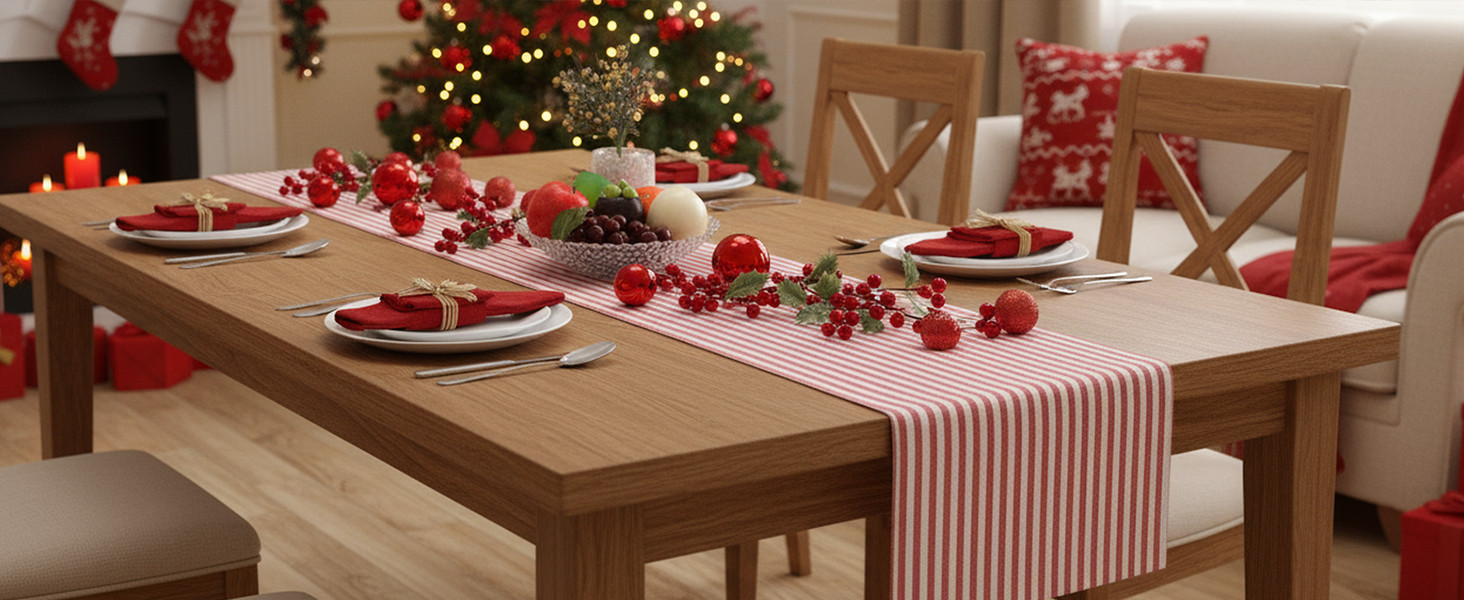 mookaitedecor Red Striped Table Runner Cotton Linen Runners for Table Wedding Party Dinner & Ever... | Amazon (US)