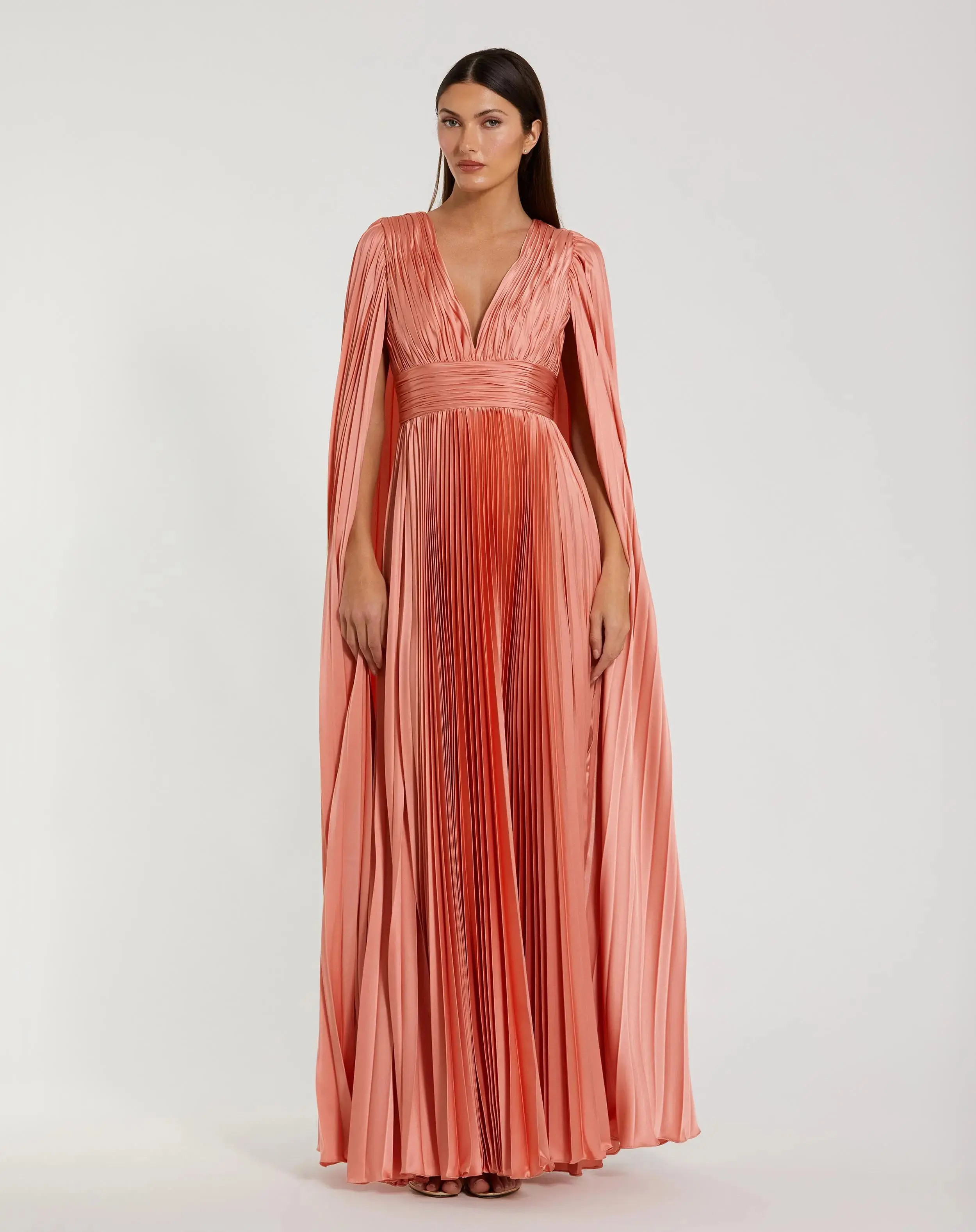 Pleated Charmeuse V Neck Gown With Cape - Mac Duggal | Mac Duggal