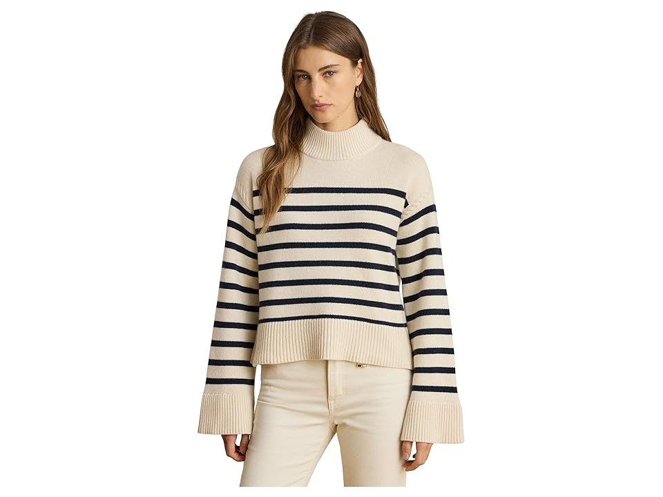 Lauren Ralph Lauren Striped Wool-Blend Mockneck Sweater Women's Sweater Mascarpone Cream/Lauren Navy : SM, Cotton/Nylon/Wool | Zappos