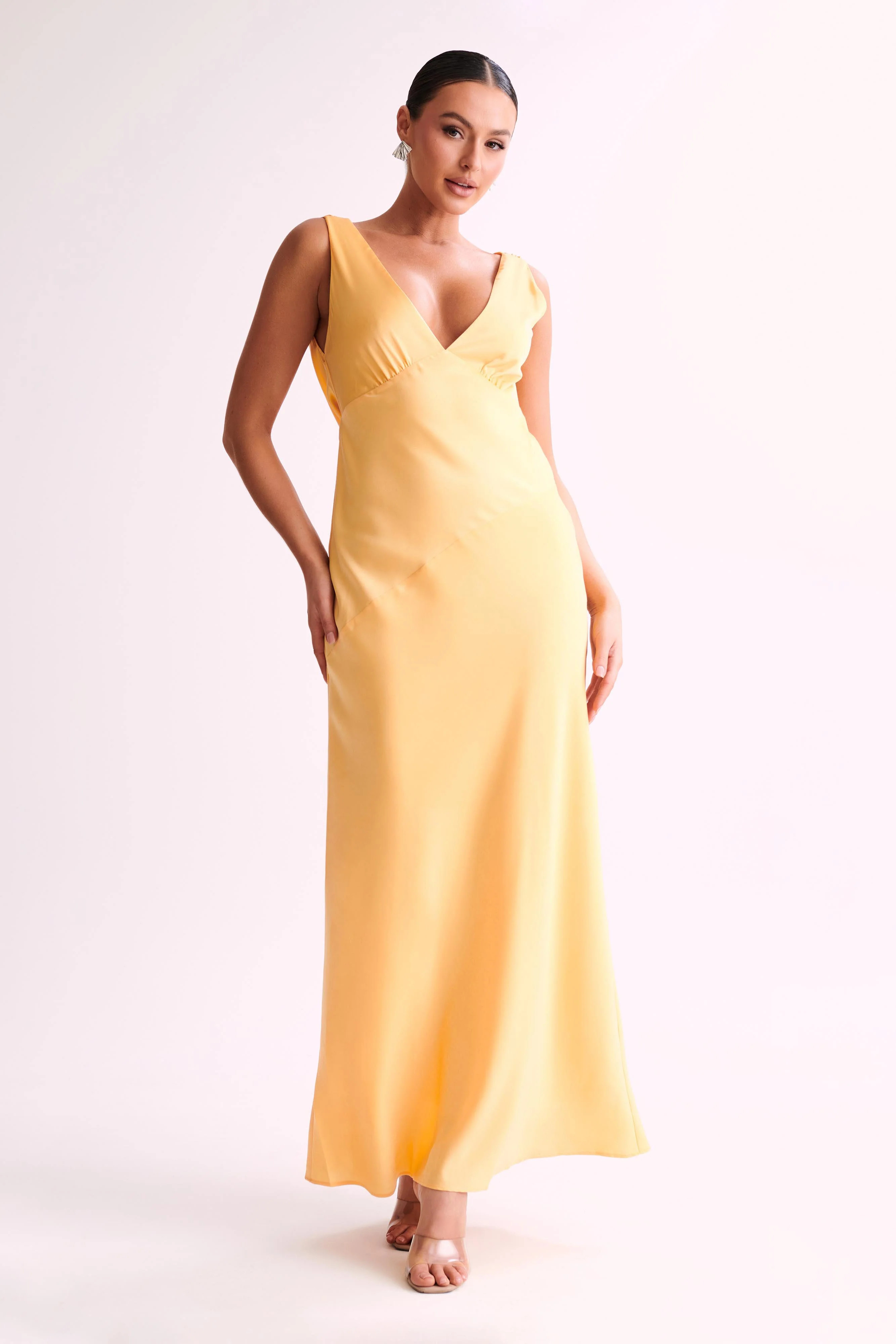Nadia Maxi Satin Dress With Back Cowl - Lemon | MESHKI US