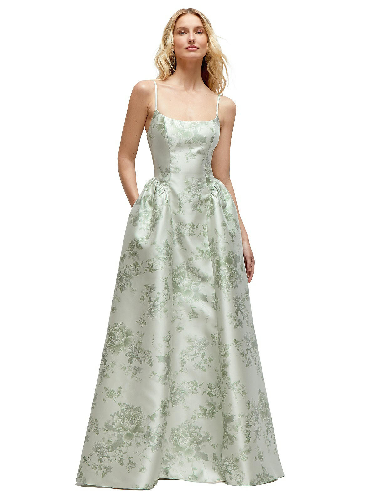 Scoop Neck Drop Basque Skirt Floral Satin Maxi Dress with Pockets in Sage Cottage Rose | Dessy Group