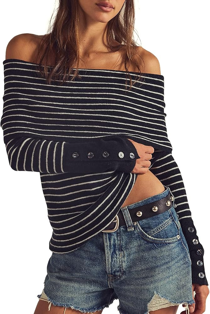 Daong Women Striped Off Shoulder Sweaters Long Sleeve Ribbed Knit Going Out Tops 2026 Spring Clot... | Amazon (US)