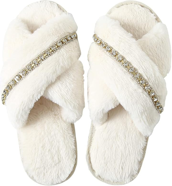 Winhot Slippers for Women White Cross Band Soft Fuzzy Plush Fleece,Fluffy Bride Slipper with Rhin... | Amazon (US)