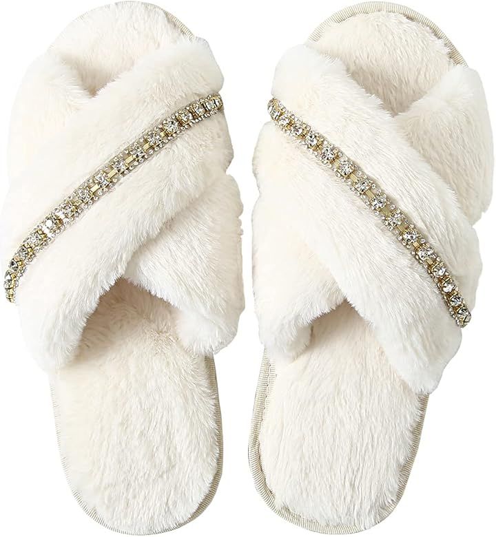 Winhot Slippers for Women White Cross Band Soft Fuzzy Plush Fleece,Fluffy Bride Slipper with Rhinest | Amazon (US)