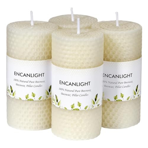 Natural Pure Beeswax Pillar Candles, 2x4 inch Honeycomb Rolled Bees Wax Candle Set of 4 - Unscented Smokeless and Dripless - Approx 8 Hours Burn for Home Decor, Party, Christmas, Dinner | Amazon (US)