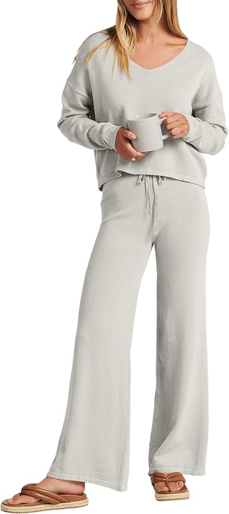 ANRABESS Women’s Two Piece Outfits Long Sleeve V Neck Crop Top with High Waist Wide Leg Pants S... | Amazon (US)
