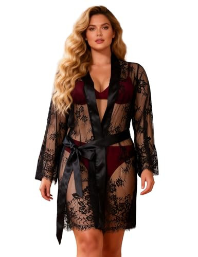 ohyeah Plus Size Lace Kimono Robe for Women Sheer Mesh Lingerie Cover Up | Amazon (US)