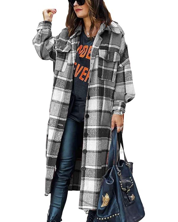 PUWEI Women's Casual Lapel Button Down Long Plaid Shirt Coat Tartan Shacket Jacket | Amazon (US)