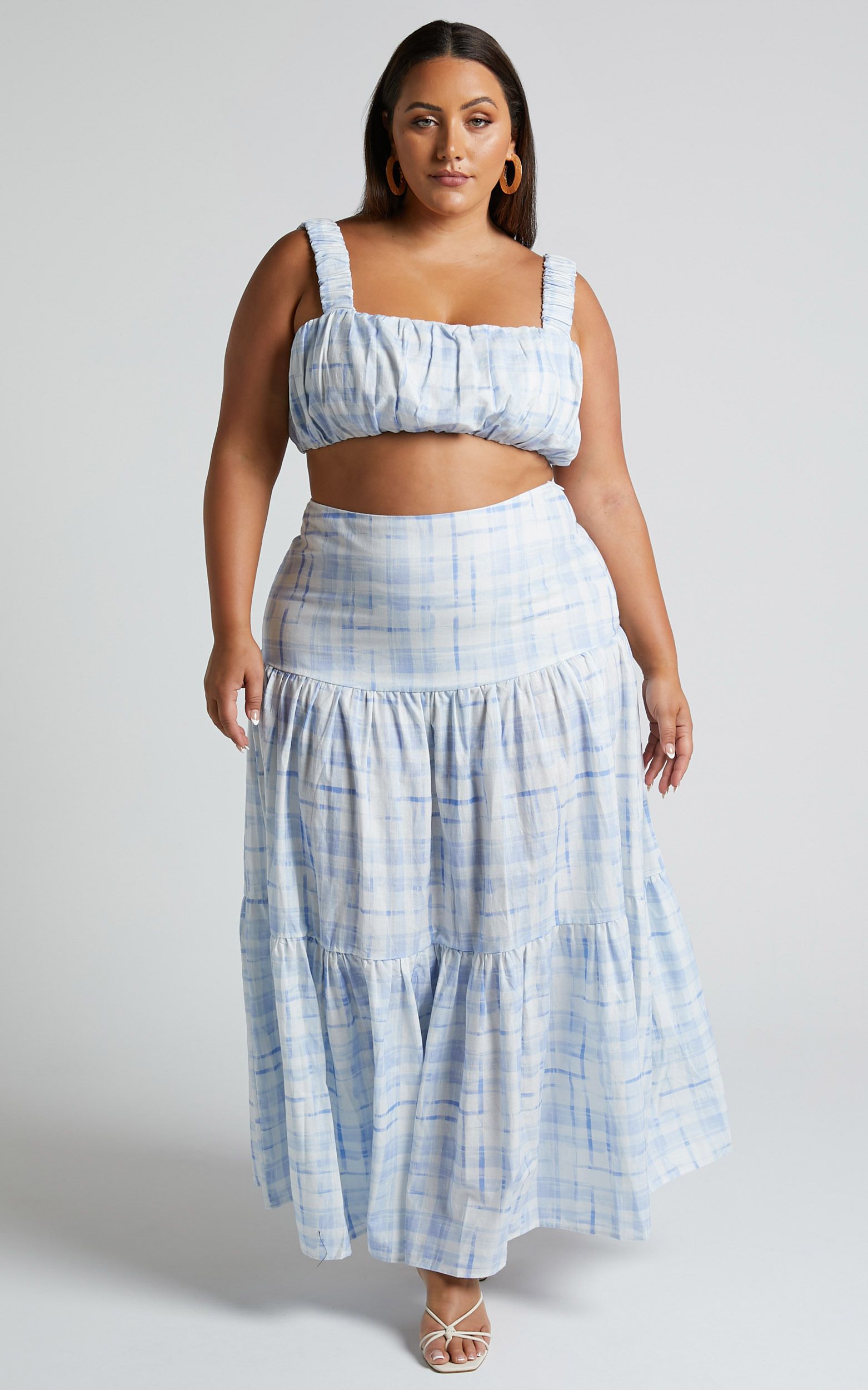 Amalie The Label - Emerita Gathered Crop Top and Tiered Maxi Skirt Set in Chieti Check Blue | Showpo (US, UK & Europe)