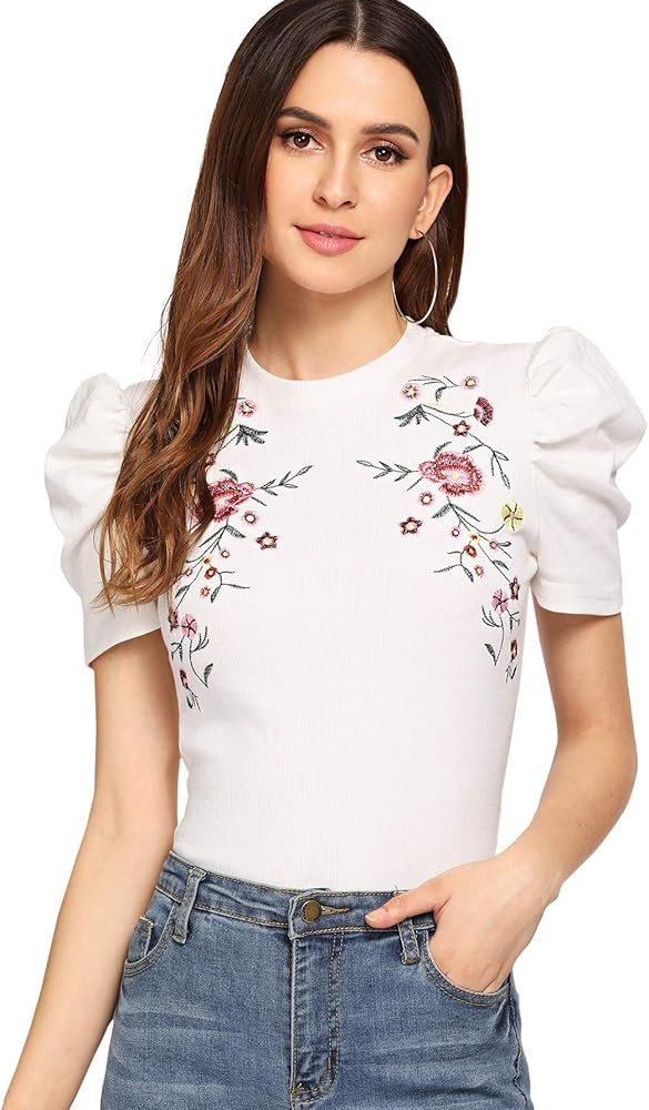 Romwe Women's Elegant Pearl Embellished Puff Short Sleeve Embroidered Blouse Tops | Amazon (US)