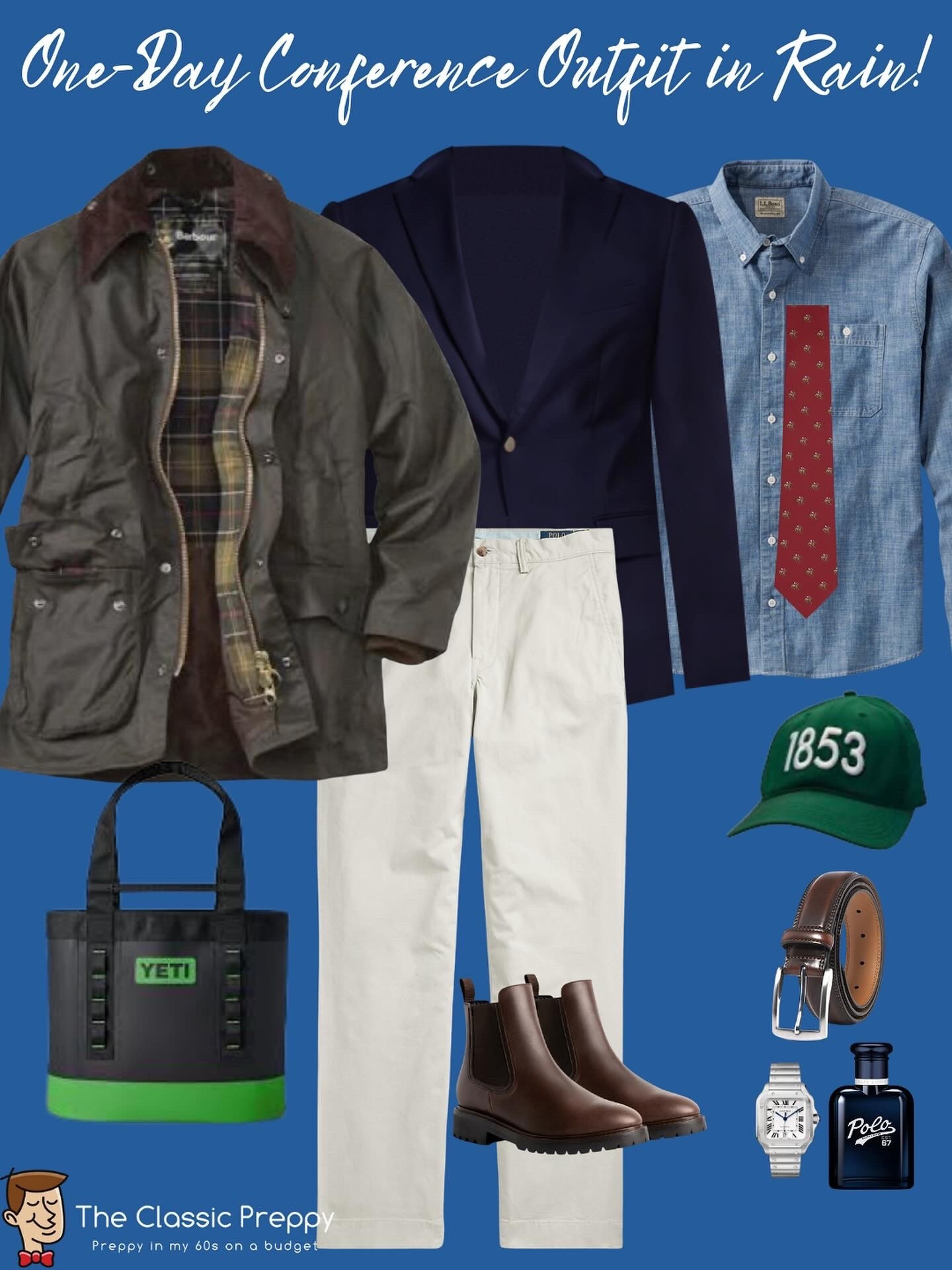 One-day conference outfit - also a rainy day!

🌧️ Wax jacket @barbour
🧥 Navy blazer @tommyhilfiger 
👔 Chambray shirt @llbean
🪢 Horse tie @otaa 
👞 Chelsea boots @colehaan 
👖 Stone chinos @poloralphlauren 
🎩 Green cap @uppervillehorseshow 
👜 Tote @yeti
👃 Polo ’67 @poloralphlauren
👞 Belt @fabio_valenti

#LTKpreppy #LTKpreppystyle #LTKivystyle #LTKequestrianstyle #LTKhuntstyle

#LTKMens #LTKWorkwear #LTKOver40