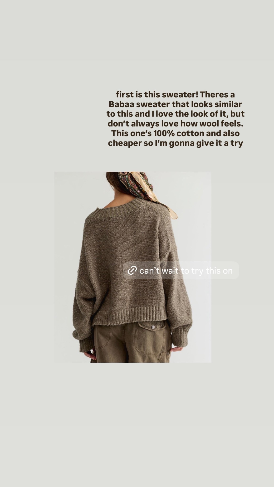 first is this sweater! Theres a Babaa sweater that looks similar to this and I love the look of it, but don’t always love how wool feels. This one’s 100% cotton and also cheaper so I’m gonna give it a try