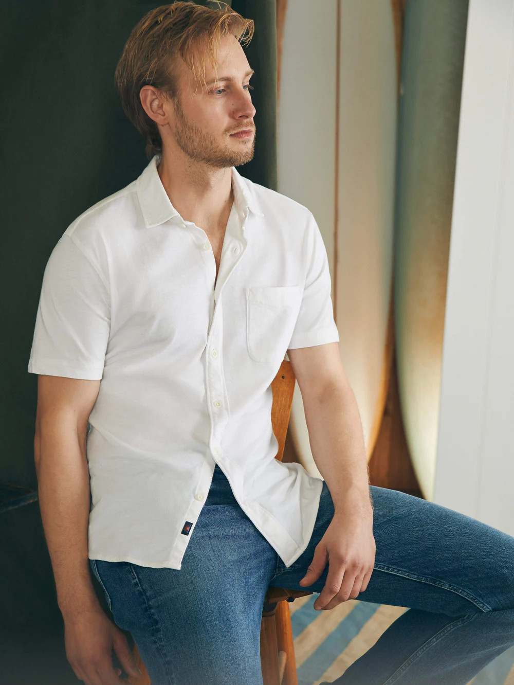 Short-Sleeve Sunwashed Knit Shirt (Single Pocket) - White | Faherty