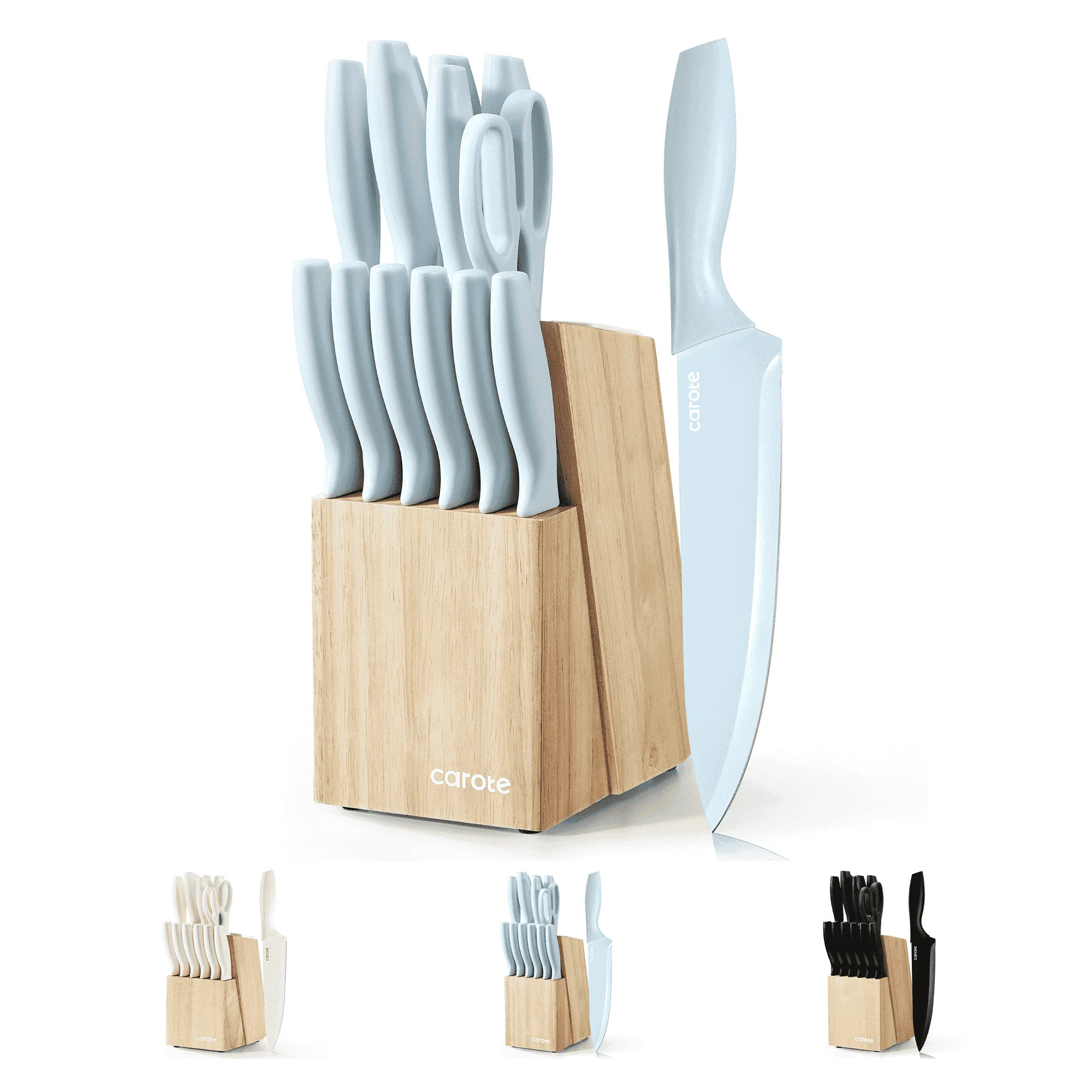 Carote 15-Piece Premium Kitchen Knife Set, Blue Ceramic-Coated Blades with Stylish Wooden Block | Walmart (US)