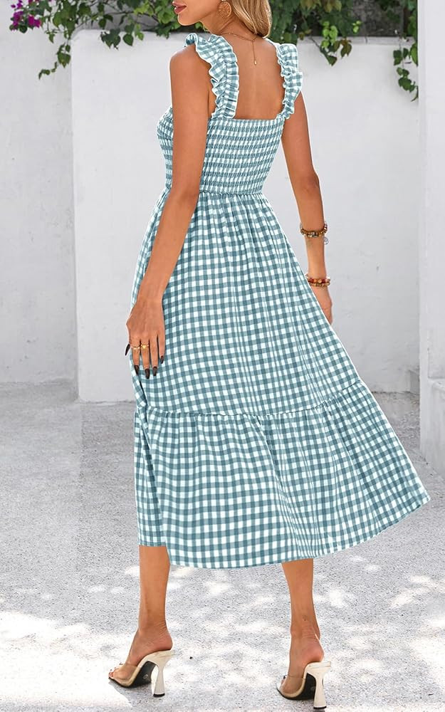 PRETTYGARDEN Women's Summer Dress Casual Square Neck Ruffle Strap Gingham Smocked Midi Flowy A Li... | Amazon (US)