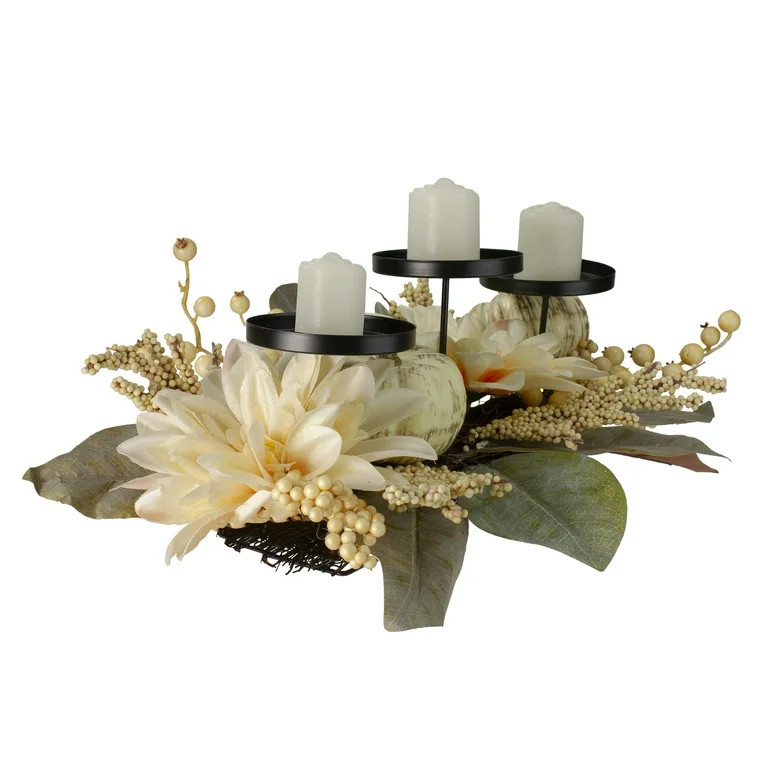 21" White Dahlia and Pumpkin Fall Candle Holder Centerpiece | Walmart (US)