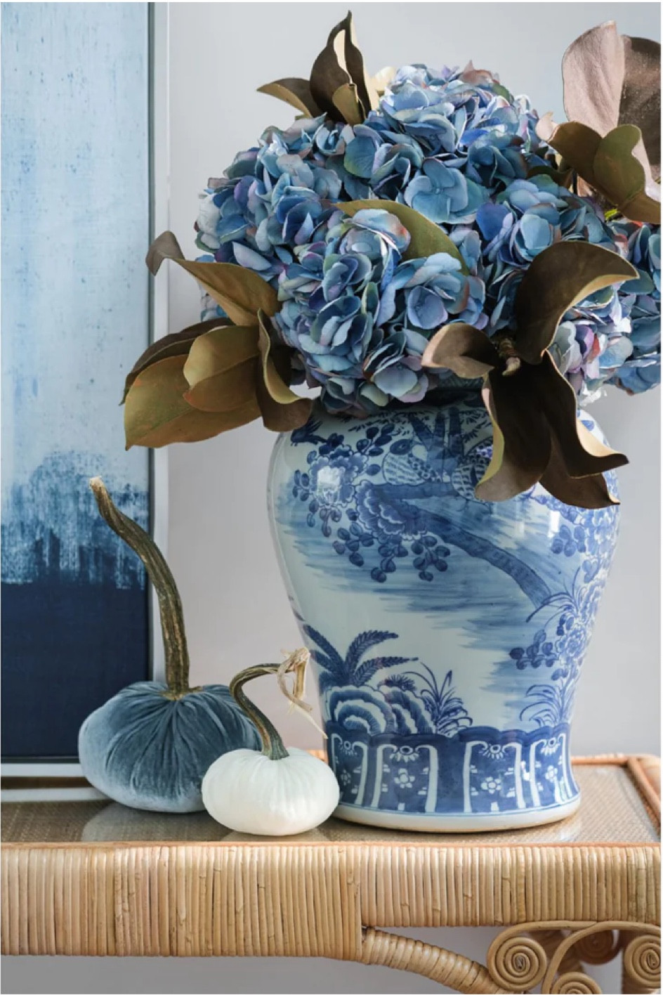 Beautiful velvet pumpkins, fall decor,  blue hydrangeas, faux magnolia stems

#LTKSeasonal #LTKhome #LTKsalealert