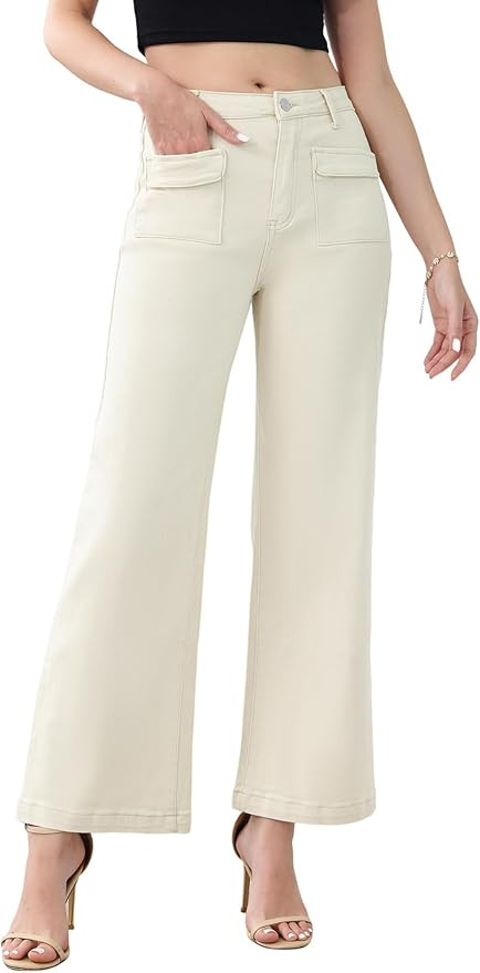 Genleck Wide Leg Jeans for Women Trendy High Waisted Boyfriend Stretchy Straight Cropped Pants wi... | Amazon (US)