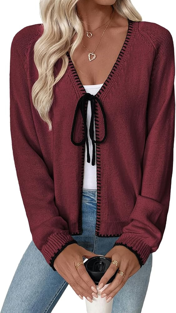 EVALESS Womens Cardigan Sweaters Trendy V Neck Long Sleeve Open Front Bow Tie Knit Chunky Lightwe... | Amazon (US)