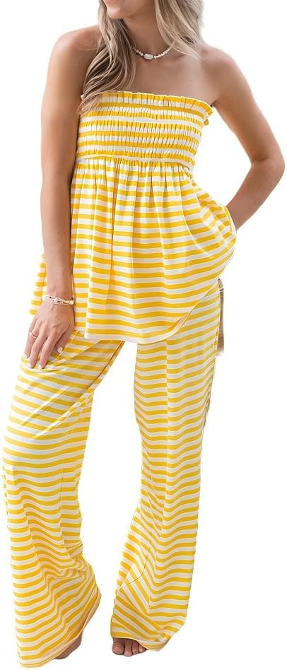 Women Striped 2 Piece Vacation Sets Y2k Smocked Strapless Tube Top Wide Leg Pants Matching Set Be... | Amazon (US)