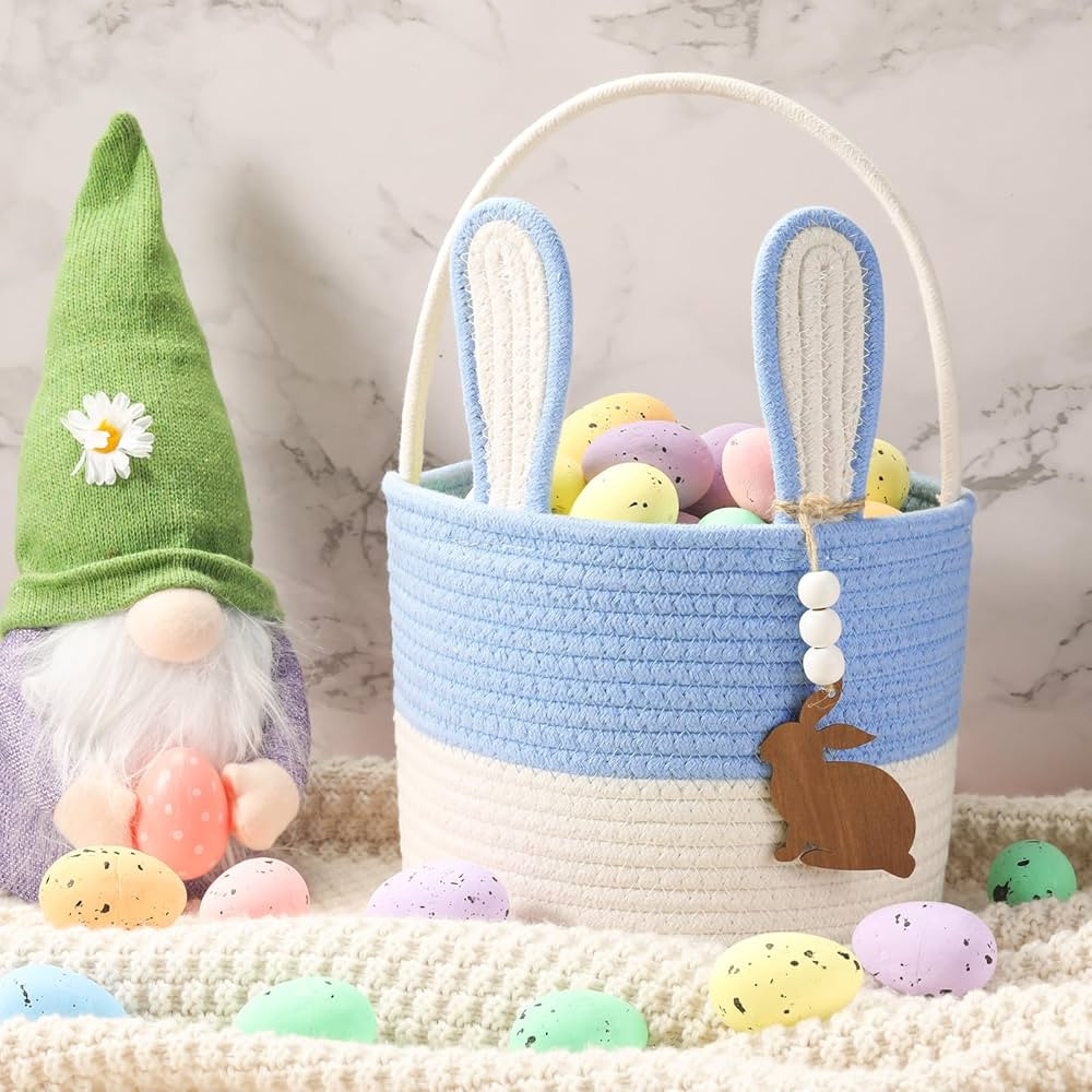 Easter Baskets Easter Bunny Basket with Name Tag Rabbit Ear Basket Rustic Woven Round Blanket Sto... | Amazon (US)