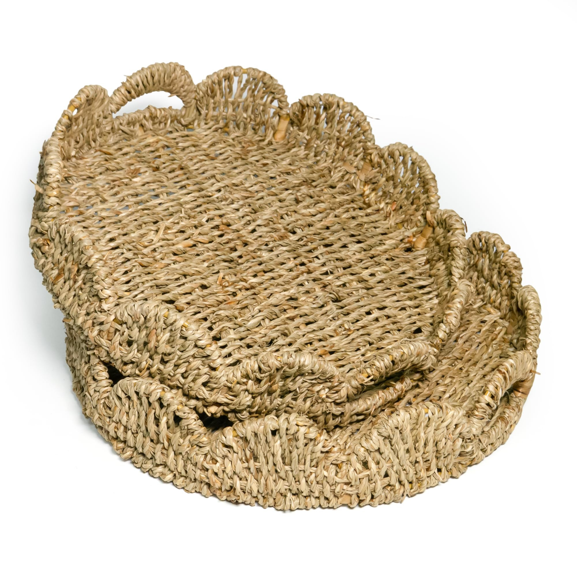 KOKODO Set of 2 Seagrass Round Tray – Handwoven Scalloped Wicker Serving Trays with Handles, De... | Amazon (US)