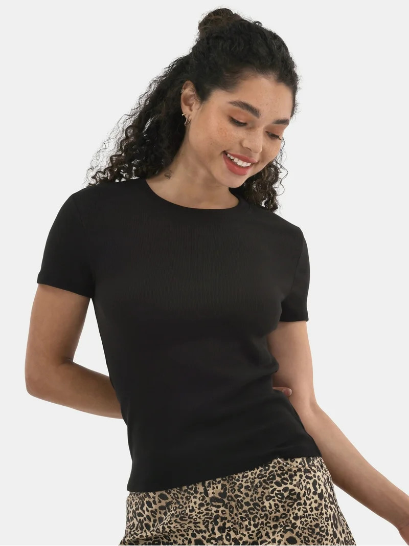 No Boundaries Ribbed Crewneck Tee with Short Sleeves, Women's | Walmart (US)