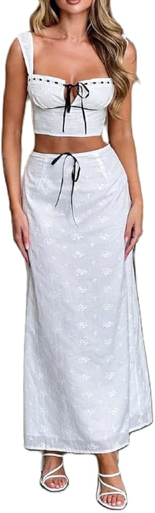 Women Y2K 2 Piece Skirt Set Spaghetti Strap Cropped Cami Ruffle Tiered Flowy Maxi Skirt Vacation ... | Amazon (US)