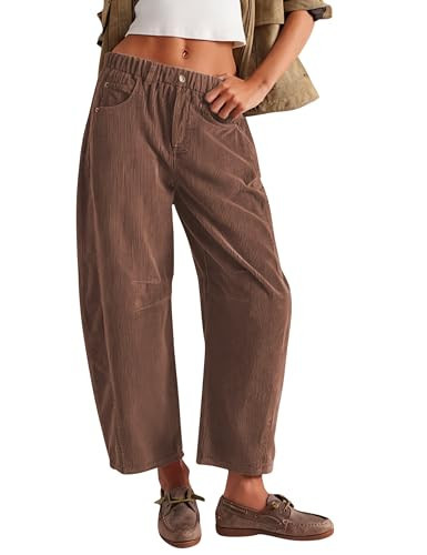 SeekMe Women's Corduroy Pants Barrel Mid-Rise Elastic Waist Cord Pants Casual Wide Leg Baggy Trouser with Pockets(0005-Brown-S) | Amazon (US)