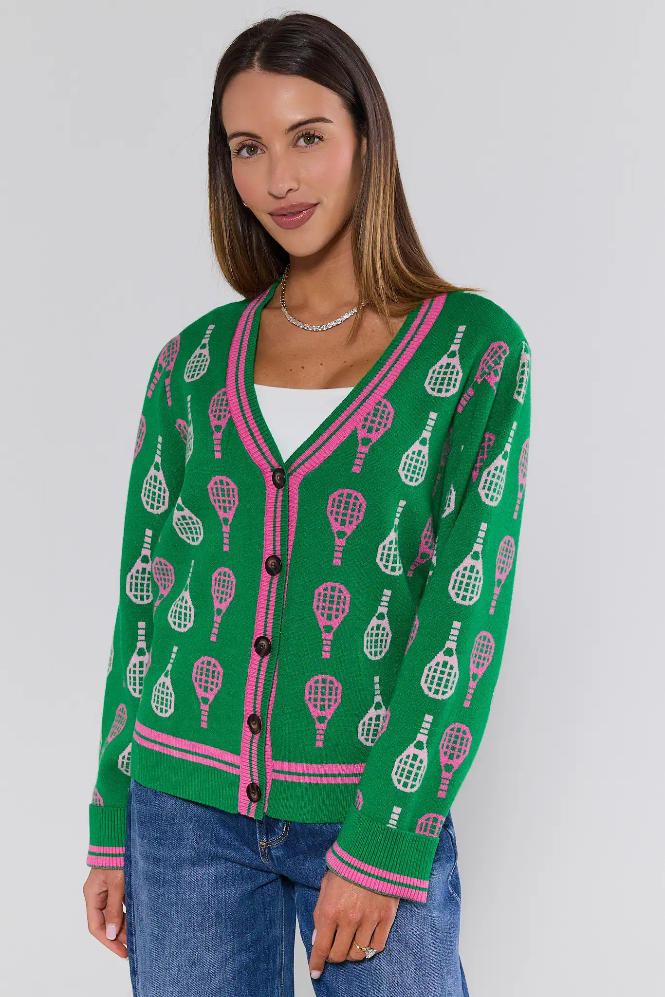 Courtney Green Racket Print Cardigan | Avara