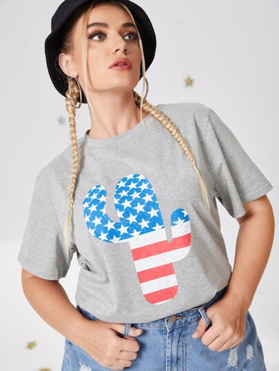 Plus American Flag Cactus Print Tee | SHEIN