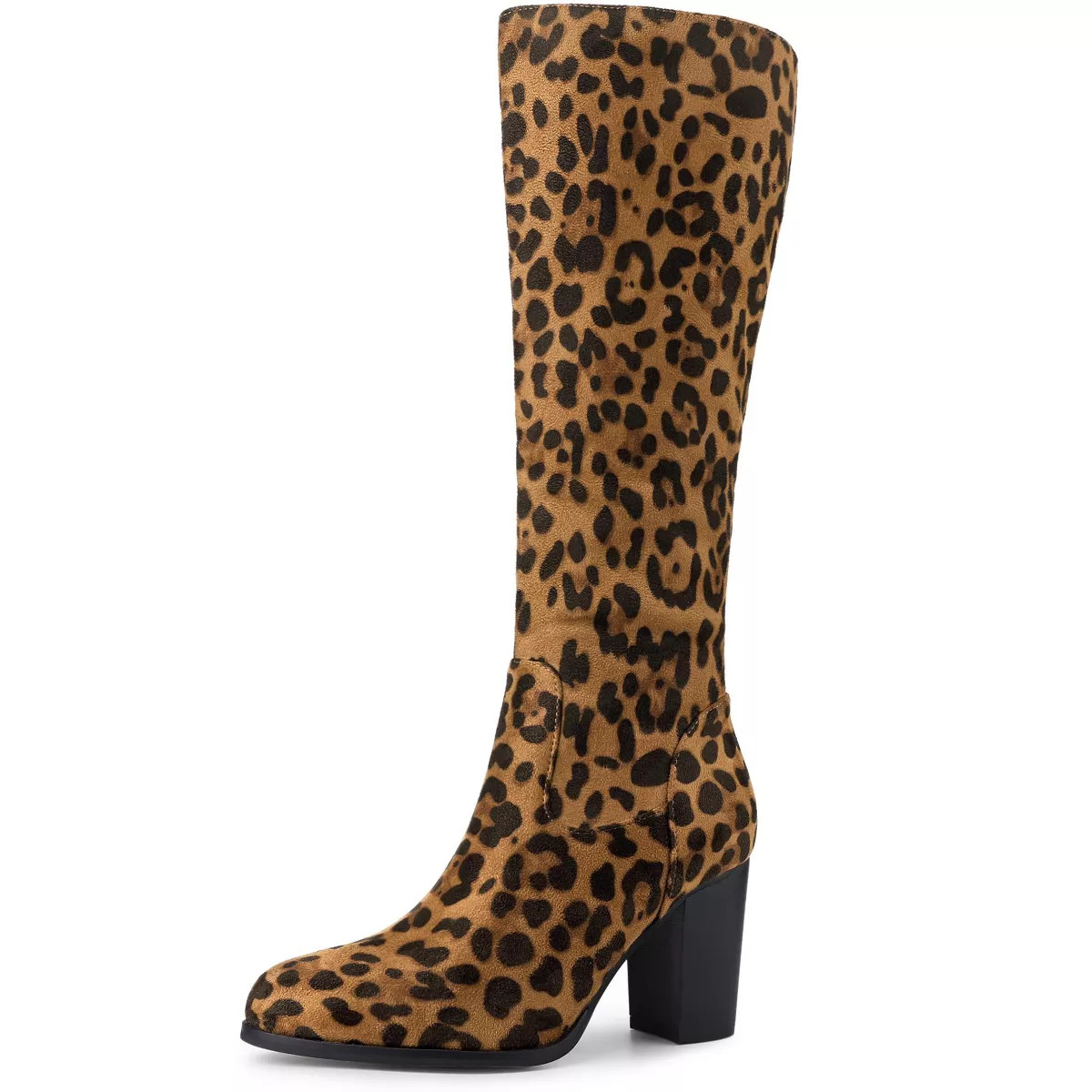 Allegra K Women's Size Zipper Round Toe Stacked Block Heels Knee High Boots Leopard 10 | Target