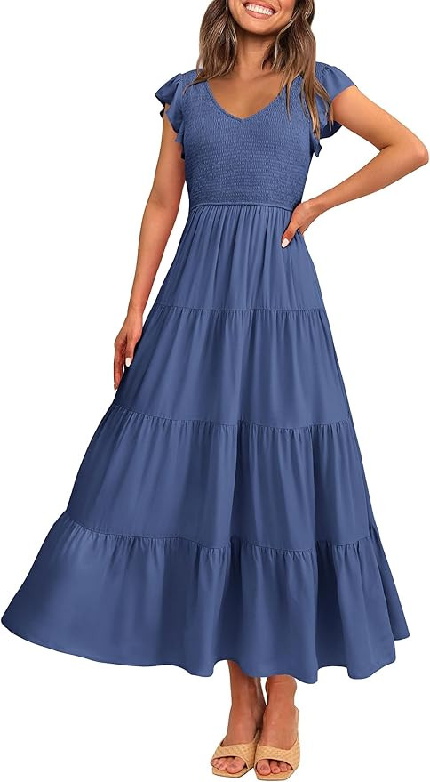 PRETTYGARDEN Women's Summer Flowy Maxi Dress Casual Cap Sleeve V Neck Smocked Beach Sundress | Amazon (US)