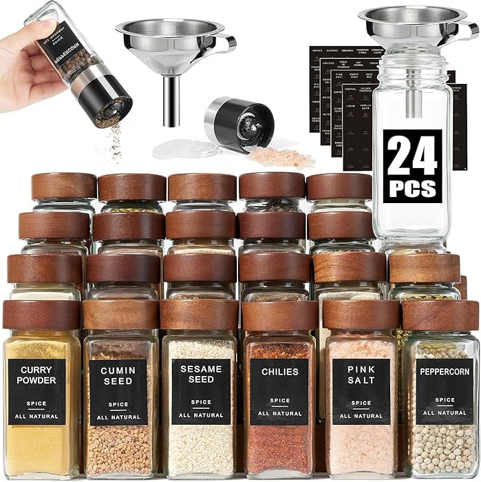 Yangbaga 24Pcs Glass Spice Jars with Labels-4OZ Wood Lid Square Spice Containers with Pepper Grin... | Amazon (US)